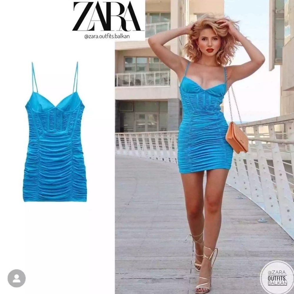 NWT Zara draped corset Ruched bodycon mini Dress blue medium